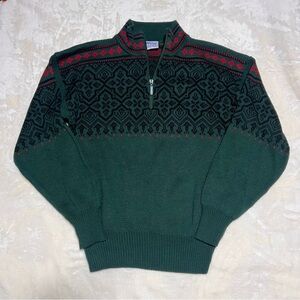 Vintage Meister Nordic Quarter Zip Sweater Fair Isle Ski Green Wool Blend Large